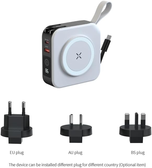 Ultimate Travel Charger and Power Bank – Wireless Charging with 3 Global Adaptors, Built-In Cables, and Integrated Phone Holder for Seamless On-the-Go Power Solutions (White) – Ideal for Frequent Travelers and Busy Professionals