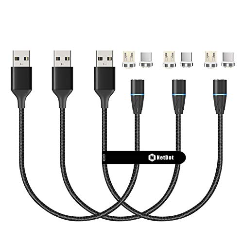 NETDOT 2-in-1 Gen12 Magnetic Phone Charger – 3 Pack of 3.3 ft Fast Charging Cables for USB-C & Micro-USB Devices – 18 W Quick Charge with Effortless Data Transfer – Ultimate Compatibility & Convenient Connectivity for Home, Office, and Travel