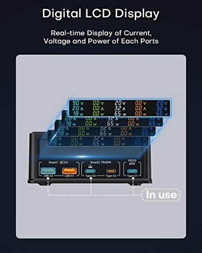 Upgrade Your Power Game with the 160 W 5-Port USB C Charging Station – Multi-Device Fast Charge Hub Featuring 65 W Power Delivery, QC3.0, Wireless Charging, and LCD Power Monitor – Perfect for Mac Book, Laptops, i Pads, i Phones, and Samsung Devices – The Ultimate Solution for Streamlined and Efficient Charging Across Multiple Devices