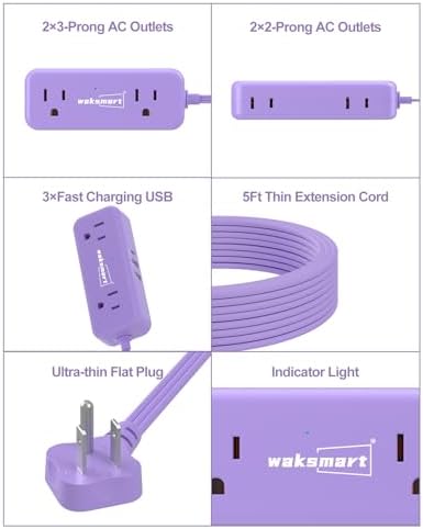 Sleek Flat Plug Power Strip with 5 Ft Extension Cord – 4 AC Outlets & 3 Fast-Charging USB Ports (5 V/3.4 A) – Compact Travel-Friendly Power Solution for College Dorms, Home Offices, and On-the-Go Charging – Maximize Space and Connectivity