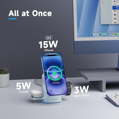 Revolutionary 3-in-1 Rotating Wireless Charger – Qi2 Certified 15 W Fast Charging Station for i Phone 16/15/14/13/12, Apple Watch & Air Pods – Enhanced Heat Management & Magnetic Alignment – Sleek Matte Design with Touch-Sensitive Stand and Ambient Night Light – Effortless Portrait/Landscape Mode for Seamless Use – Ultimate Charging Solution for All Your Apple Devices – Organized Desktop Power Hub with Smart IC Protection – Includes Power Adapter & USB-C Cable – Perfect for Home, Office, or Travel