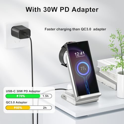 Ultimate Fast Wireless Charging Station for Samsung Devices – Sleek Qi Charger for Galaxy S23 Ultra, Z Flip, Fold 5/4/3, i Phone & More – Efficient Charging for Galaxy Watch 6/5 Pro and Buds – Safe, Tangle-Free Power Solution in White