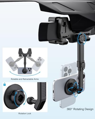 Mag Safe Rearview Mirror Phone Mount for i Phone 11-16 – 24 Powerful Magnets & 4-Clip Stability for Secure Hands-Free Navigation – Stylish Car Accessory for Safe Driving & Easy Installation