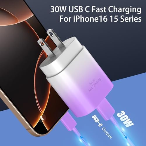 30 W Ultra-Fast USB C Wall Charger with 10 FT Cable in Stylish Purple Gradient | Rapid Charging Solution for Phone 15 Series & S24 Ultra Plus | Compact & Versatile Power Adapter for Modern Devices