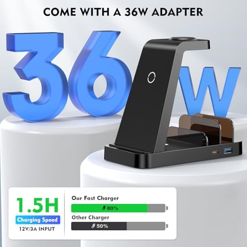Revolutionize Your Charging Routine with the 5-in-1 Wireless Charging Station for i Phone – Fast, Efficient Dock for i Phone 16, 15, 14, 13, 12 Pro Max, Apple Watch, and Air Pods – Enhanced Compatibility, Intelligent Power Delivery, and Sleek Design for Clutter-Free Convenience