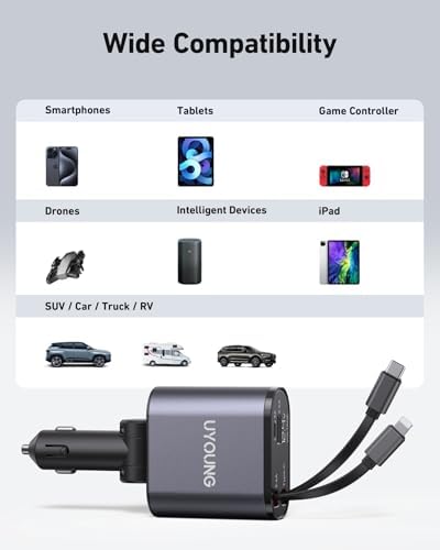 Revolutionize Your Road Trips with the UYOUNG 100 W Retractable Car Charger – 4-in-1 Fast Charging Solution with Dual 31.5-Inch Cables & Dual USB Ports for i Phone 15/14/13/12/11 Pro Max, Samsung, Pixel, and More – Ultimate Compatibility & Speed for Modern Travelers