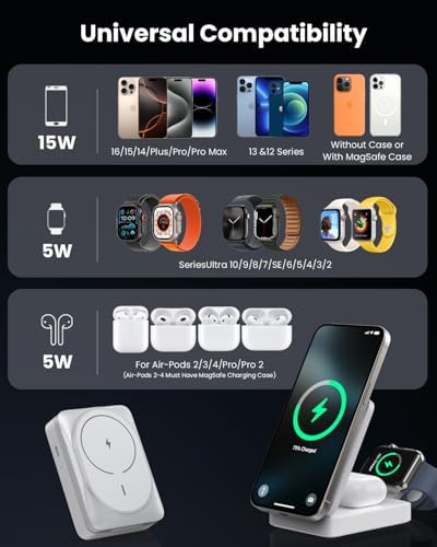 3-in-1 Qi2 Certified Wireless Charging Station – 15 W Fast Magnetic Charger for i Phone 16/15/14/13/12, Apple Watch, Air Pods – Foldable Design with 30 W USB-C Adapter for Ultimate Compatibility and Efficiency – Elevate Your Charging Experience with Enhanced Safety Features and Versatile Viewing Angles
