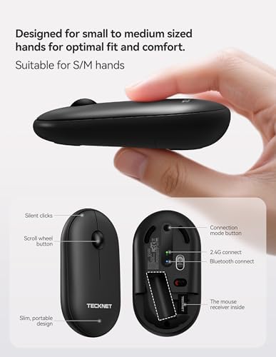 TECKNET Dual Mode Bluetooth Mouse – Compact Portable Wireless Mouse with Silent Clicks for Laptops & Desktops | Seamless Bluetooth 3.0/5.0 & 2.4 GHz USB Connectivity | Ergonomic Design for PC, Chromebook & Mac Users – Sleek Grey Finish for Ultimate Style and Comfort