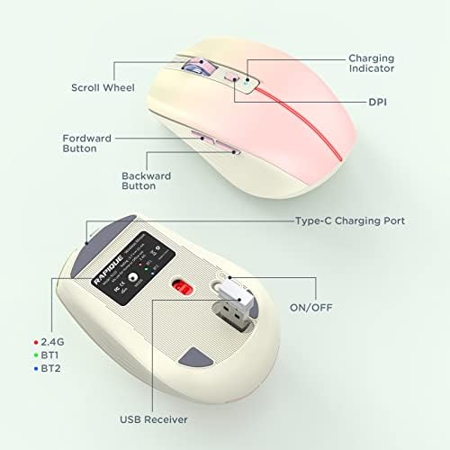 Streamlined Bluetooth Wireless Mouse – Rechargeable Ergonomic Multi-Device Mice (Tri-Mode: BT1/BT2 + 2.4 GHz) with USB Receiver, Stylish Khaki to Pink Design for Laptop, Mac Book, PC, i Mac, i Pad – Ultimate Comfort & Flexibility for Effortless Productivity