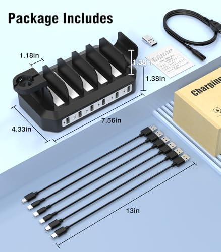 Ultimate 2025 6 Port Fast Charging Station – Multi-Device USB Dock with Safety Certification, 6 Cables & 2 Stands for Smartphones, Tablets, Kindles, Smartwatches – Streamlined Power Hub for Home, Office, and Travel