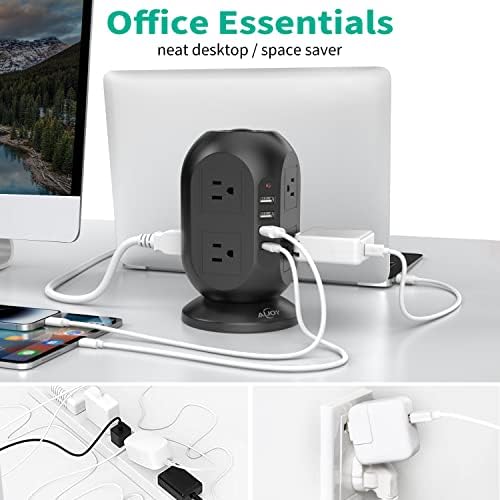 Compact Surge Protector Power Strip Tower with 8 AC Outlets & 4 Fast-Charging USB Ports (1 USB-C) – Aioy 10 FT Flat Plug Extension Cord for Organized Home & Office Use, Black – Ultimate Device Charging Solution for Efficiency and Safety