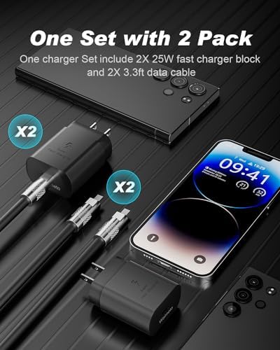 Dual Pack 45 W USB-C Charger Block with 3.3 FT Fast Charging Cables – Ultimate Universal Compatibility for i Phone 15/16 and Samsung Galaxy S24/S23/S22 Ultra/Note 20 – Rapid Power Delivery and Enhanced Portability for Home, Office, and Travel – Durable Charging Solution for All Devices