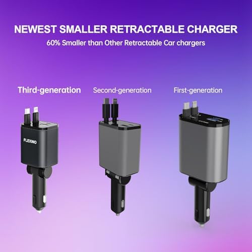 Premium Flexino Compact Retractable Car Charger for i Phone 16 – 69 W Fast Charging with Dual 2.6 ft USB C Cords | Efficient Power Adapter Compatible with i Phone 16/15/14/13/12 Series & Galaxy Devices | Sleek Grey Design for Ultimate Portability and Reduced Cable Clutter