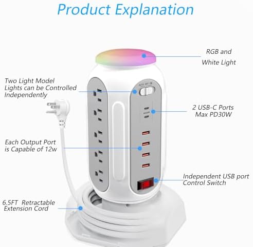 Ultimate Power Strip Tower with 15 Outlets & 6 USB Ports – Surge Protector with Vibrant LED Indicator & Rapid Charge Technology – 6.5 ft Heavy-Duty Extension Cord for Home Office & Entertainment Hub – Versatile Desktop Charging Solution for All Devices