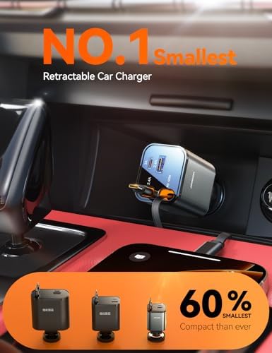 JOYROOM Ultra-Compact 84 W Retractable Car Charger – Fast USB-C Charging for i Phone 12-16 | Travel Essential Car Adapter for Quick Device Power-Up | Sleek Design, Tangle-Free Cable, Perfect Gift for Men & Women