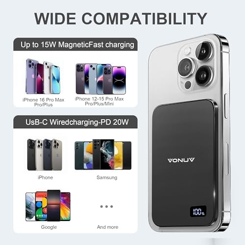 Ultra-Slim Magnetic Wireless Power Bank 5000 m Ah – 15 W Fast Charger for i Phone 16/15/14/13/12 Series – Sleek Metallic Design with USB-C Charging Cable – Enhanced Safety Features for Reliable On-the-Go Power