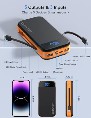 32000 m Ah Portable Power Bank with Built-in Cables – PD3.0 Fast Charging, 5 Outputs, LCD Display, Universal Compatibility for i Phone & Samsung – Ultimate Travel Battery Pack in Orange for On-the-Go Reliability and Efficiency