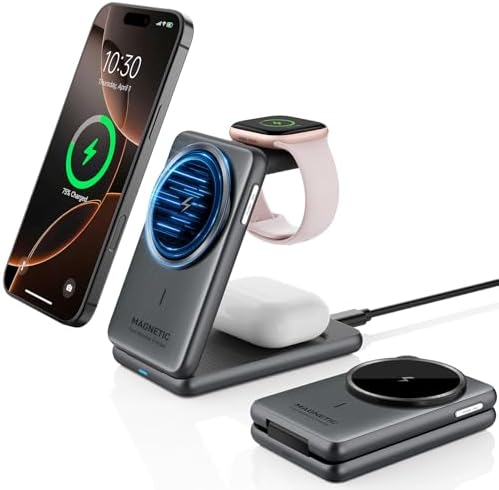 3-in-1 Foldable Mag Safe Wireless Charger for Apple Devices – Ultimate Travel Charging Station for i Phone 16/15/14/13, Air Pods Pro 2, and Apple Watch Series 10/9/8/7 – Enhanced Speed, Magnetic Alignment, and Stylish Design for Seamless Power Solutions