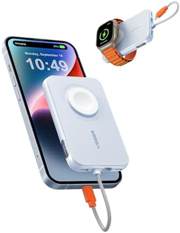 VEGER 5000 m Ah Mini Power Bank with Built-in Cable – PD 20 W Fast Charger for i Phone 14/13/12/Pro Max, Android Devices & Apple Watch – Lightweight Travel Essential in Vibrant Yellow – Ultimate Charging Solution for On-the-Go Connectivity