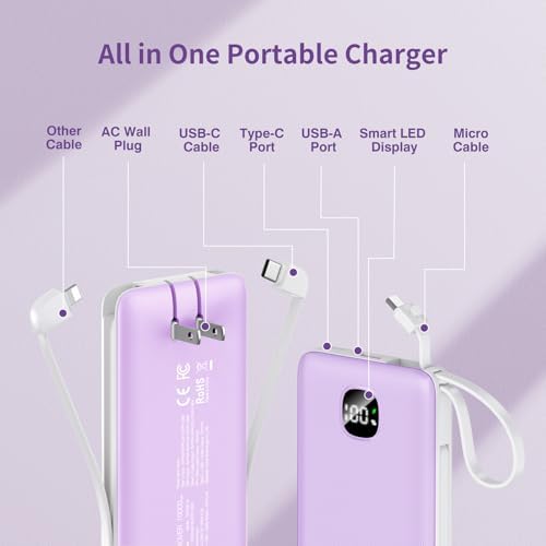 Ultra-Slim 10000 m Ah Fast Charging Power Bank with Built-In Cables & AC Plug – Versatile 5 Output USB-C Portable Charger for i Phones, Samsung, Android & More – Perfect for Travel & On-the-Go Power Solutions