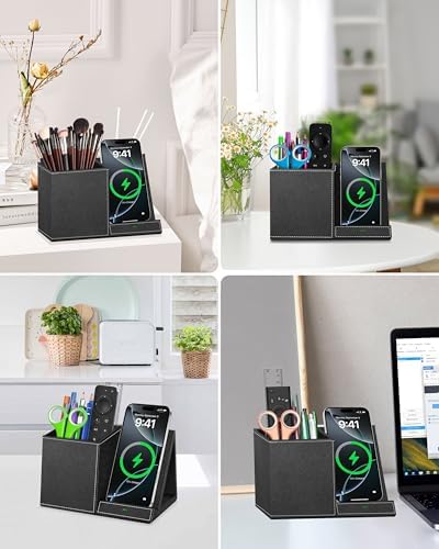 Multi-Functional Desk Organizer with Wireless Charging, Digital Thermometer & Humidity Monitor – Stylish Brown Pen Holder for Home Office Efficiency and Clutter-Free Workspace