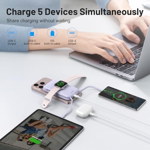 Magnetic Wireless Power Bank for Apple Devices – BLAVOR 10,000 m Ah Portable Charger with Built-in Cables and 20 W Fast Charging, Seamless Compatibility for i Phone 16/15/14/13/12 and Apple Watch, Integrated Stand for Hands-Free Use, Sleek White Design – Ultimate Convenience for On-the-Go Charging
