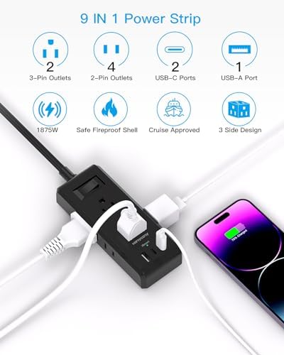 HANYCONY Travel Power Strip with 6 Outlets & 3 USB Ports – 5 ft Flat Plug Extension Cord for Cruise Ships & College Dorms – Space-Saving Wall Mount Design for Ultimate Convenience & Fast Charging Efficiency