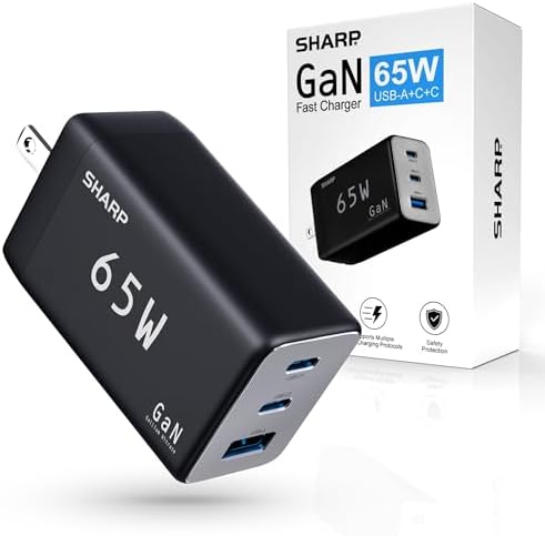 Revolutionize Your Charging Routine with the Sharp 65 W USB-C Multi-Port Wall Charger – Cutting-Edge Ga N Technology Powers Mac Book Pro, i Pad Pro, Galaxy S23, Dell XPS 13, i Phone 15 & More – Three-Port Design for Simultaneous Fast Charging – Compact, Foldable, and Travel-Friendly Solution for Tech Enthusiasts – Ultimate Compatibility for All Your Devices