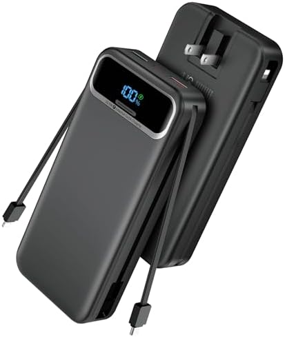 Ultimate 20,000 m Ah Portable Charger with Built-in Cables & AC Plug – Super Fast PD20 W & SCP22.5 W USB-C Power Bank for Quick Device Charging – LED Display & Universal Compatibility for i Phone, Samsung & More – Essential Travel Accessory for On-the-Go Power Solutions