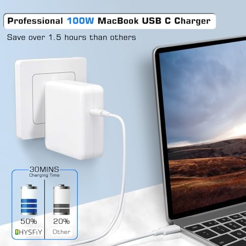 100 W USB-C Mac Book Pro Charger with 5.9 ft Cable – Rapid Charging for Mac Book Pro 16/15/14/13, Mac Book Air 13, and i Pad Pro (2018-2022) – Intelligent Device Recognition & Safety Features for Efficient Power Delivery – Compact and Portable Design for On-the-Go Users