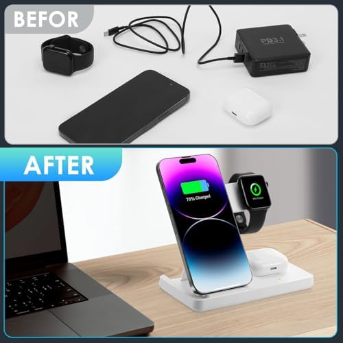 Ultimate 3-in-1 Wireless Charging Station for i Phone 8-16, Apple Watch & Air Pods Pro – Fast, Stylish, and Compact Multi-Device Charger with Power Adapter for Effortless Charging Experience
