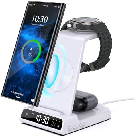 Upgrade Your Charging Experience with the Premium 3-in-1 Wireless Charger Station for Samsung Devices – Ultra-Fast Dock for Galaxy S24 Ultra, S23 Ultra, Z Flip 6, Fold 5, Galaxy Watch 7/6/5 Pro, and Buds – Modern Wood Grain Design with Integrated Clock for Enhanced Organization and Style