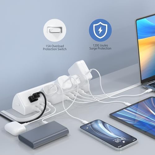 Maximize Efficiency with the 45 W Desk Clamp Charging Station – 4 PD USB-C Ports & 5 AC Outlets, ETL Listed Surge Protector for Ultimate Device Protection, 14 AWG Heavy-Duty Cord, Secure Fit for 1.9″ Tabletops (Black, 6 FT Cable) – Your All-in-One Power Solution for Home and Office