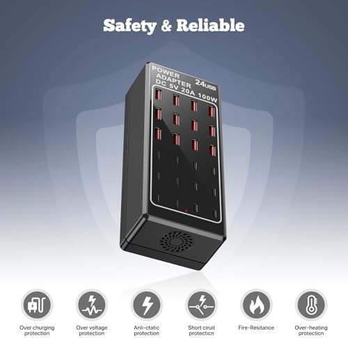 Ultimate 24-Port USB Charging Station Block: 100 W Smart Fast Charger for Multi-Device Powering – Versatile USB A & C Compatibility for i Phone, i Pad, Samsung, and Laptops – Efficient Desktop Solution for Shared Spaces and Home Use