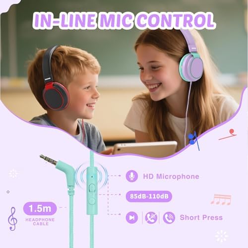 MIDOLA Kids Over-Ear Headphones: Safe Audio Experience with Noise Limitation, Foldable & Travel-Friendly Design, Custom Volume Control (85/110 d B), Built-In Microphone, and AUX Compatibility for School, Gaming, and Family Adventures in Sleek Black