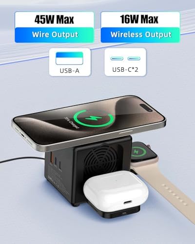 All-in-One Wireless Charging Station for Apple Devices – Portable 3-in-1 Fast Charger with 3 USB Ports for i Phone 16 Pro Max, 15 & More – Sleek Black Nightstand Dock for Effortless Device Management and Enhanced Compatibility