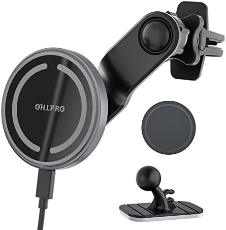 OHLPRO Mag Safe Car Charger Mount for i Phone 16/15/14/13 Pro Max – 15 W Fast Charging Phone Holder with 360° Rotation, Secure Adhesive Base for Tesla and Other Vehicles, Ultimate Magnetic Car Accessory for Safe Driving and Hands-Free Navigation – Perfect Gift for Tech Enthusiasts and Road Warriors