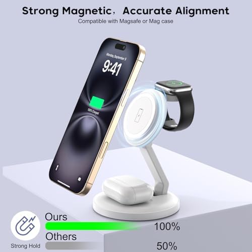Ultimate 3-in-1 Foldable Magnetic Wireless Charging Station for i Phone, Apple Watch & Air Pods – 15 W Fast Charge Compatible with i Phone 16/15/14/13/12, Apple Watch Ultra/SE, Air Pods Pro – Compact, Portable Design with Safety Features for Home & Travel