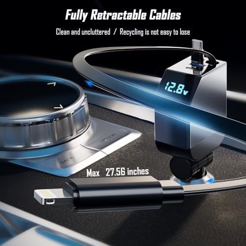Ultimate 4-in-1 Fast Retractable Car Charger – 84 W Power Booster with Dual Cables (USB-C & Lightning) for i Phone 16/15/14/13/12/11 – Tangle-Free, Compact Design for Effortless Travel Charging Solutions