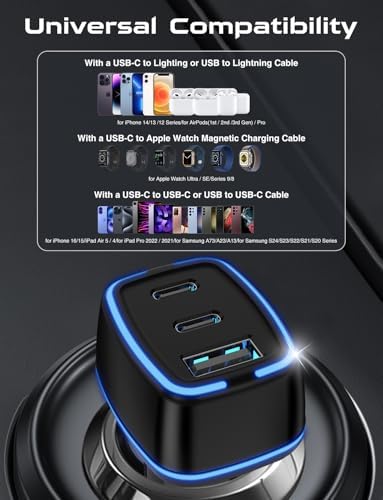 Compact 3-Port USB C Car Charger Adapter – Fast PD Charging for i Phone 16/15 Pro Max, Galaxy S25/S24, i Pad, and Android Devices – Travel Essential for Seamless Connectivity on the Go – Enhanced Performance and Universal Compatibility