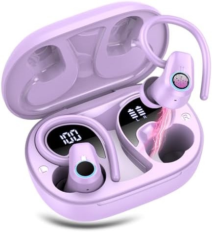 Poounur Bluetooth 5.3 Wireless Sport Earbuds – 50 Hours Playtime, IP7 Waterproof, Noise-Cancelling Headphones with Earhooks and Dual LED Display for Ultimate Comfort and Sound Quality – Perfect for Active Lifestyles and Outdoor Adventures