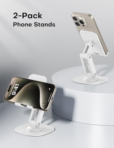 OMOTON Cell Phone Stand for Desk, 2 Pack Adjustable Foldable Phone Holder, 360 Swivel Mobile Stand Fit for iPhone 15 14 13 12 11 Pro Max and All Smart Phones, White & White – Enhanced Compatibility and Speed