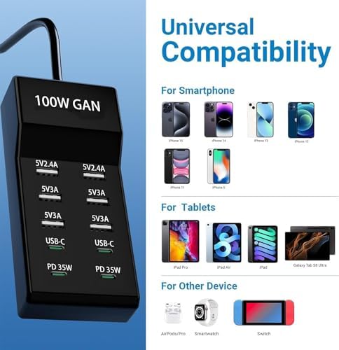 Maximize Your Charging Potential with the 10-Port USB Charger Block – 100 W Fast Charging Hub for i Phones, i Pads, Samsung Galaxy, and Android Devices – Sleek, Compact Design with Smart Power Distribution and Enhanced Safety Features for Multi-Device Families and Professionals