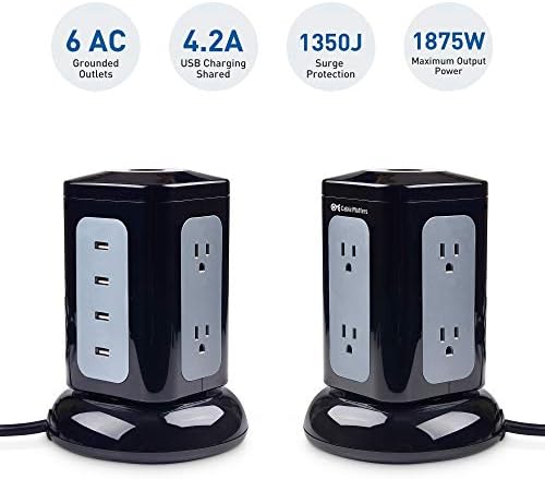 Cable Matters 6-Outlet Surge Protector Tower with 4 Fast USB Charging Ports (Total 4.2 A) and 10-Foot Extended Power Cord – Ultimate Device Safety and Versatile Connectivity Solution for Home and Office