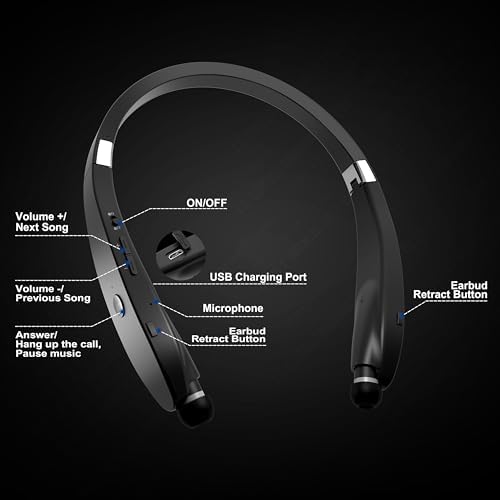 Premium Foldable Bluetooth Headphones – Wireless Neckband Headset with Retractable Earbuds, Noise Cancelling Technology for Sports & Exercise (Gold) – Ultimate Comfort and Seamless Connectivity with Stylish Carrying Case