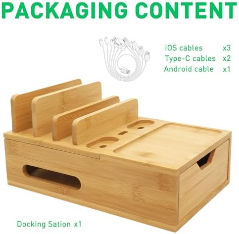 Eco-Friendly Bamboo Charging Station for Multiple Devices – Sleek Desktop Organizer with Drawer & Tray, Includes 6 Versatile Charging Cables, Compatible with Cell Phones, Tablets & Earphones – Fast Charging Solution for a Clutter-Free Workspace