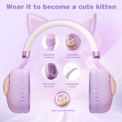 Enchanting Pink Cat Ear Bluetooth Headphones for Kids – Fun Noise-Cancelling Over-Ear Design with LED Lights, Ultimate Comfort for School, Travel, and Everyday Adventures – Elevate Young Music Experiences with Superior Sound Quality and Playful Style