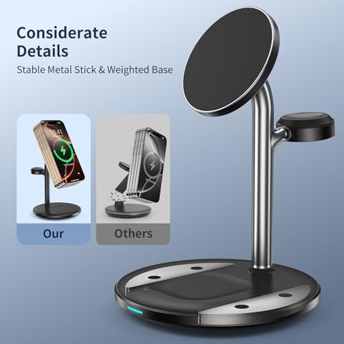 Revolutionary 3-in-1 Aluminum Wireless Charging Station for Apple Devices – Fast 15 W Mag Safe Charger for i Phone 16/15/14/13/12, Dedicated Charging Dock for Apple Watch & Air Pods with 20 W Adapter – Streamlined Design for Effortless Organization and Enhanced Device Longevity