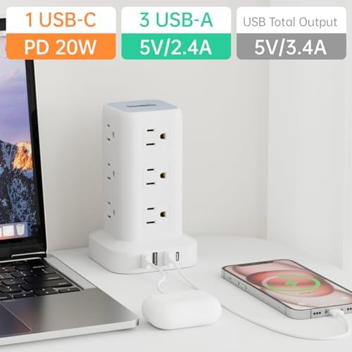 Elevate Your Charging Efficiency with the 12-Outlet Tower Surge Protector Power Strip – 6.5 Feet Extension Cord, 4 USB Ports Including USB-C, Compact Charging Station for Office and Home, Enhanced Surge Protection for Ultimate Device Safety