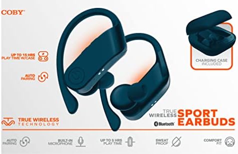 Coby True Wireless Sport Earbuds with 15-Hour Playback and Charging Case – Effortless Auto Bluetooth 5.3 Pairing, Siri & Google Assistant Compatibility, Ideal for Gym & Running – Stylish Blue Design for Active Lifestyles – Unmatched Sound Quality and Freedom of Movement